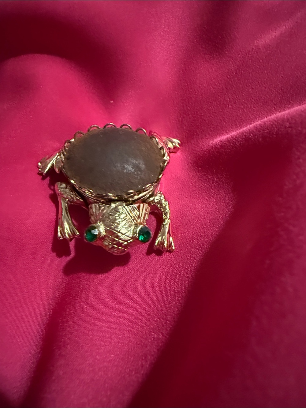 Turtle Brooch with Dark Brown Cabochon and Green Accent